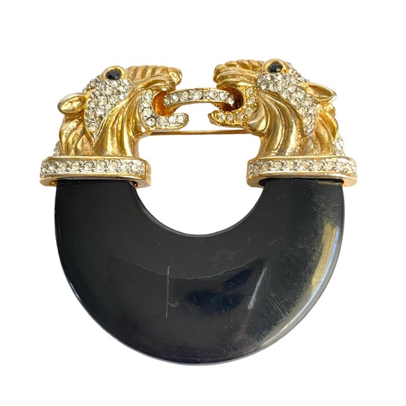 Vintage Jewelry - Vintage 80s Double Lion Head Brooch Large Huge Pin Jaguar Designer Rhinestone